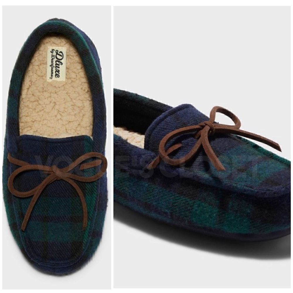 NEW! Dluxe by Dearfoams Braydon
Moccasin Kids Slippers, Green Plaid